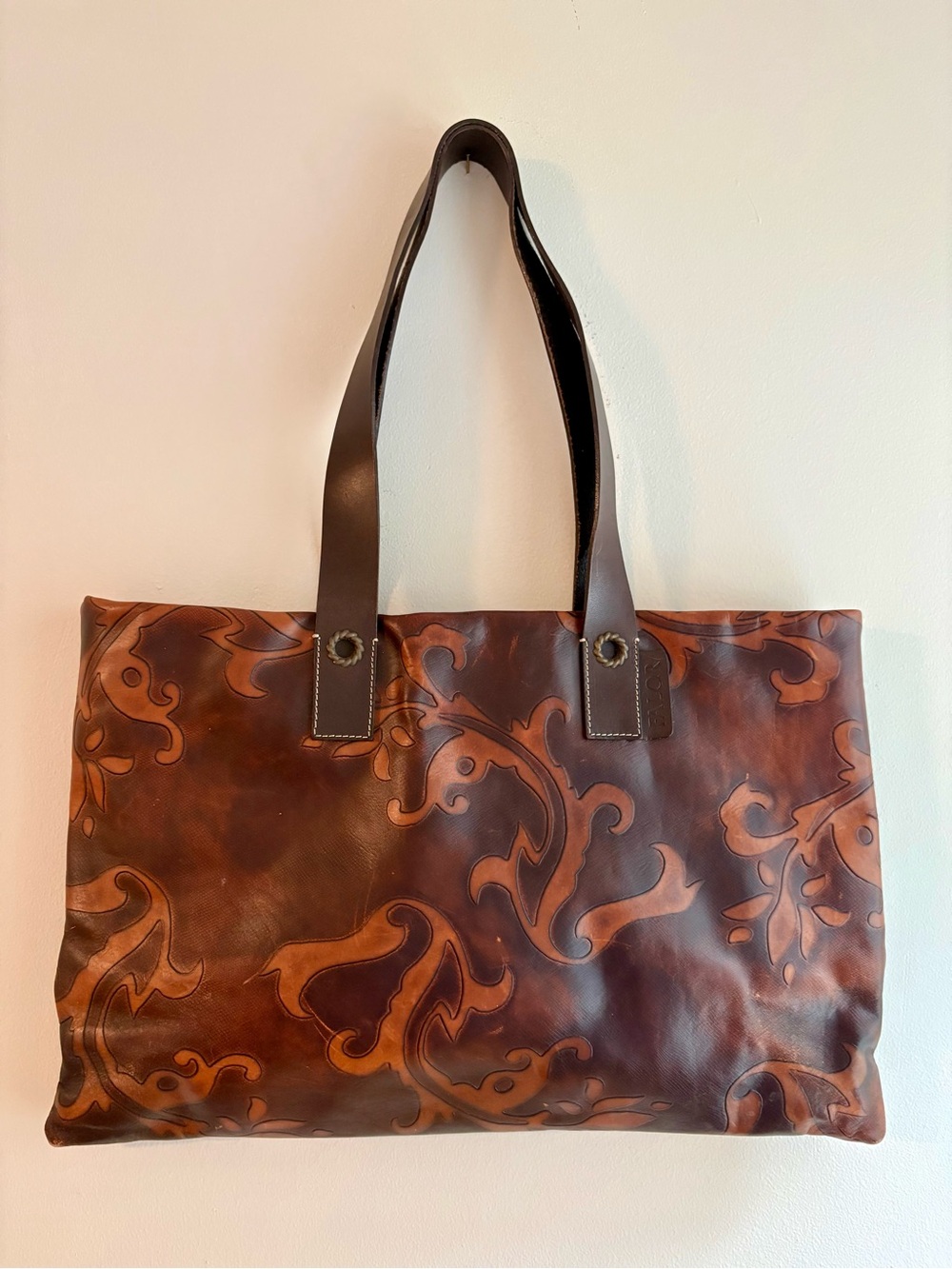 Falor Le Borse Italian Brown Leather Tote with Floral Scroll Detail